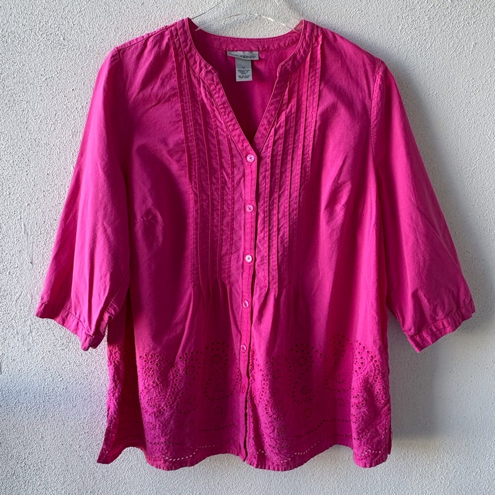 Catherine’s Pink Cotton 1X Pintuck Eyelet Lace‎ V-Neck 3/4 Sleeve Top Babydoll